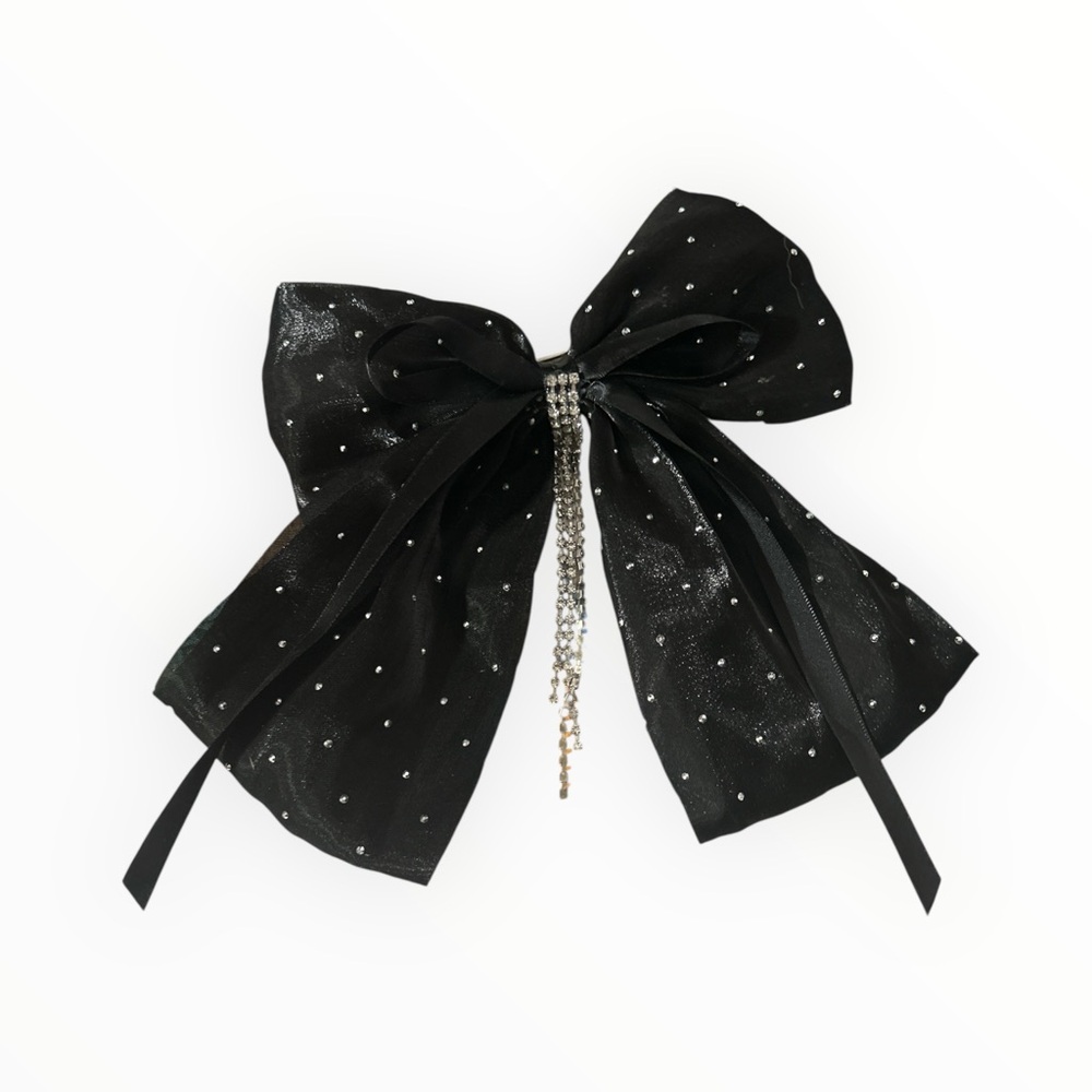 Elegant Black Bow Hair Clip with Rhinestone Accents